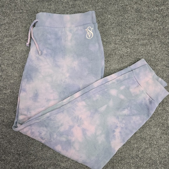 Victoria's Secret Pants - Victoria's Secret Fleece Mid Rise L Jogger Pants Blue/Pink Tie-Dye Cloud